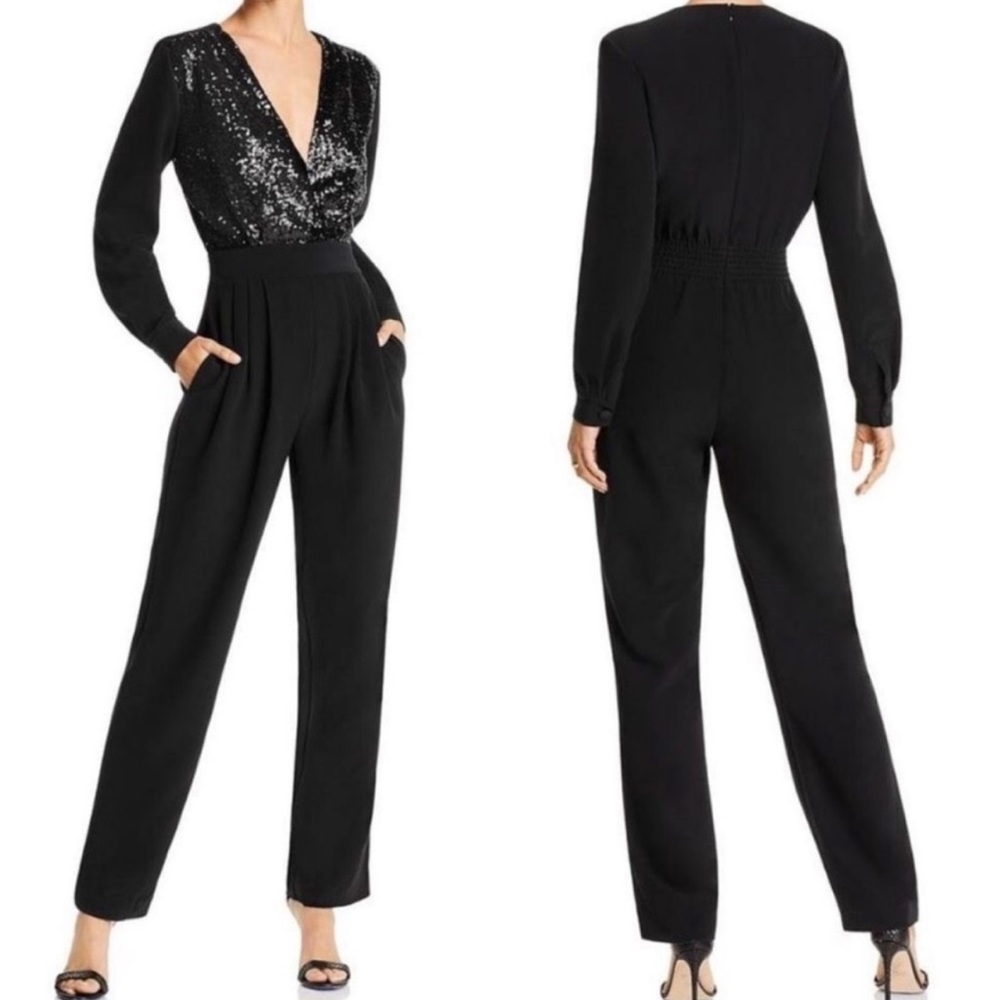LINI Stella Black Sequin V-Neck Long Sleeve Jumpsuit Size S NWT